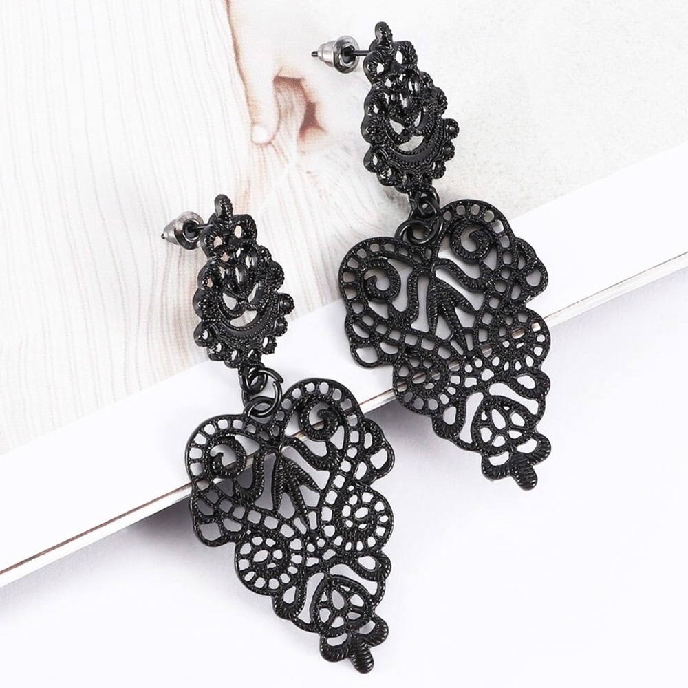 Black Lace Statement Drop Earrings - Picture 2 of 9